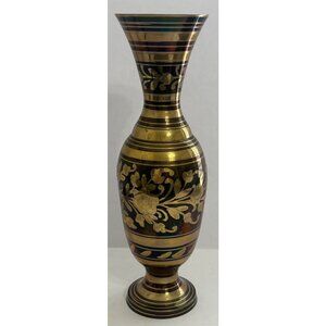 Brass Floral Etched Vase 11" Vintage Handmade Metal Art Piece Indian Ethnic Boho